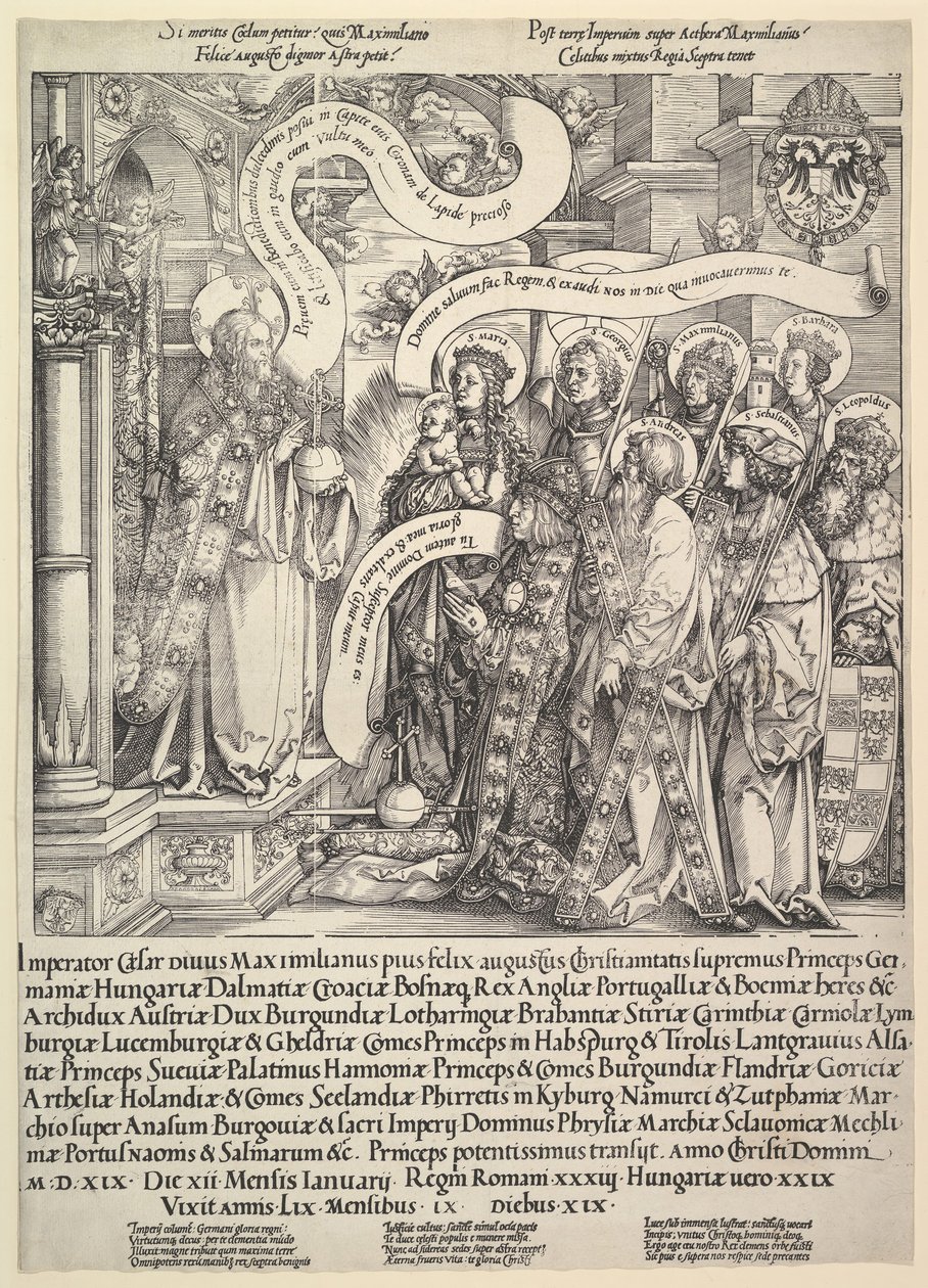 Maximilian védőszentjei bemutatták a Mindenhatónak, 1519. alkotó: Hans Springinklee