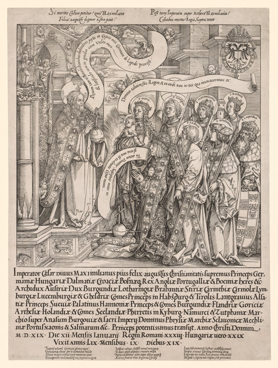Maximilian császár, akit védőszentjei mutattak be a Mindenhatónak, 1519. alkotó: Hans Springinklee