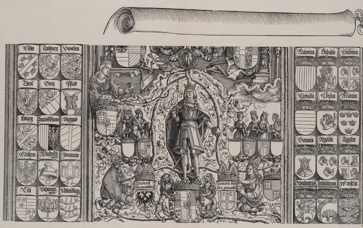 Maximilian genealógiájának felső része, az 1515-ös...-i tekercs jobb szélével. alkotó: Hans Springinklee