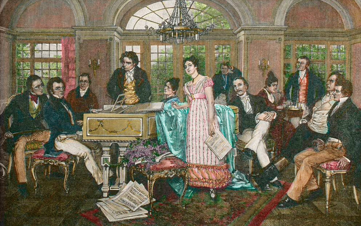 FRANZ SCHUBERT (1797-1828) osztrák zeneszerző - Schubert-est Joseph von Spaun otthonában - balról jobbra: Bauernfeld, Schubert, Kupelwieser, Beethoven, Frohlich nővérek, Mayrhofer, Schwind, Spaun, Vogl, Grillparzer - Schubert a Spaun után alkotó: Hans Temple