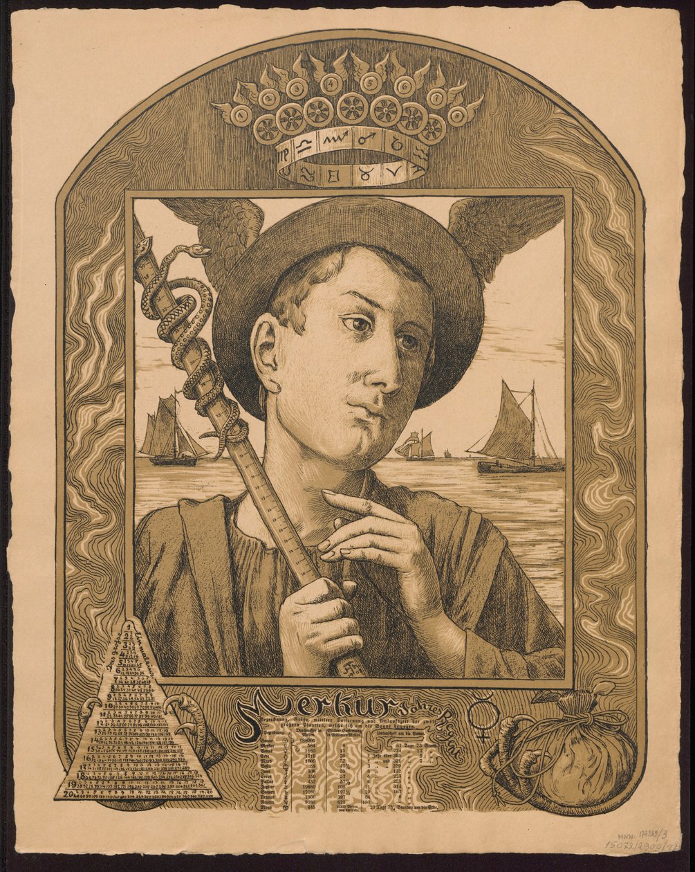 „Merkur Jahrers Regent”. Merkúr, az év uralkodója. Vázlatok az „Örök képes naptár” című műhöz, II. rész, 1901 (Immerwährender Bilderkalender) alkotó: Hans Thoma