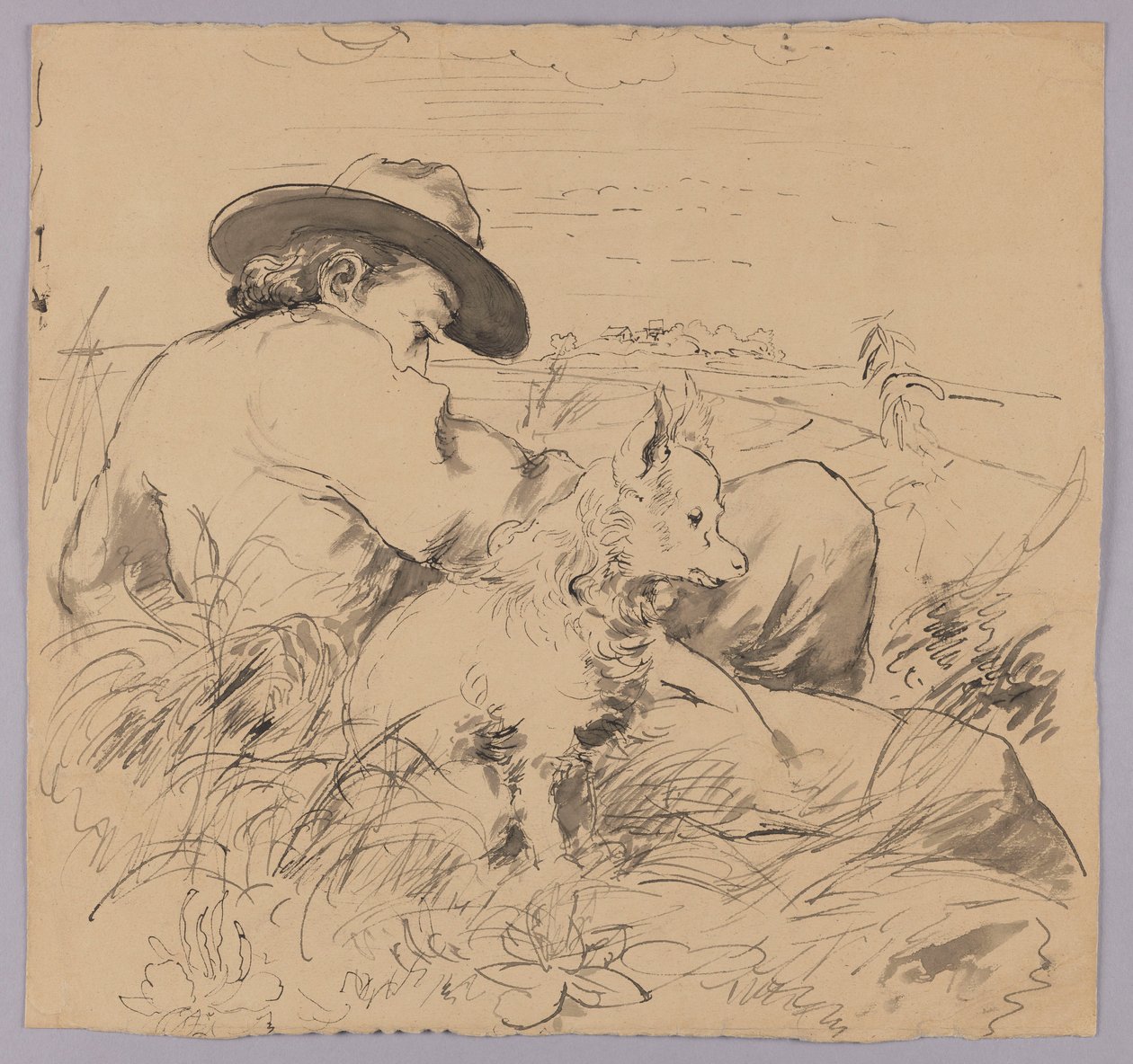 A fűben fekvő férfi és a kutyája alkotó: Hans Thoma