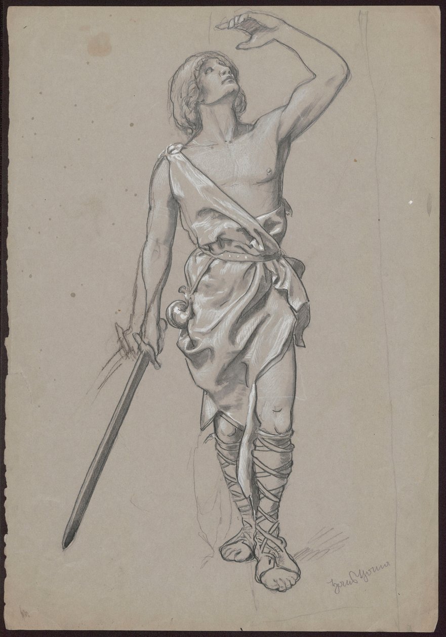 Egy félmeztelen, köntösbe öltözött férfi, oldalán vadászszarvval, jobb kezében karddal alkotó: Hans Thoma