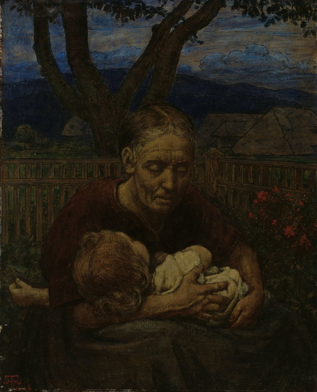 Anya és gyermeke a kertben alkotó: Hans Thoma