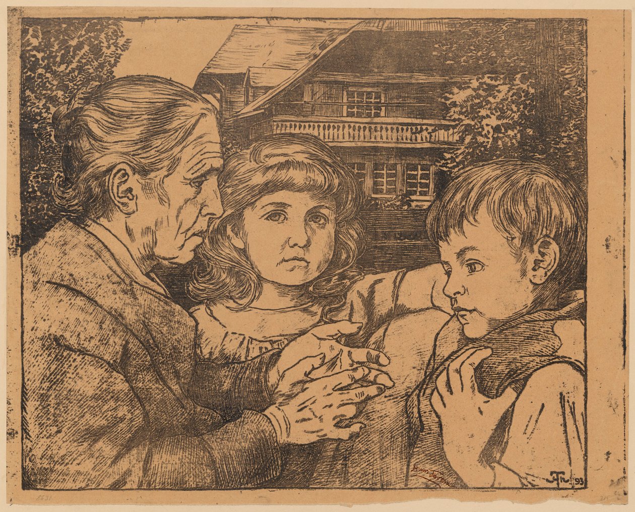Egy idős asszony, aki mesét mond két gyermeknek egy Fekete-erdőbeli ház előtt alkotó: Hans Thoma