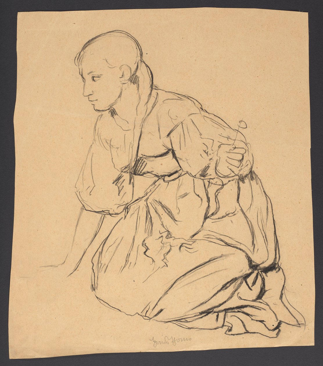 Studie eines Mädchens, das auf einer Wiese kniet alkotó: Hans Thoma