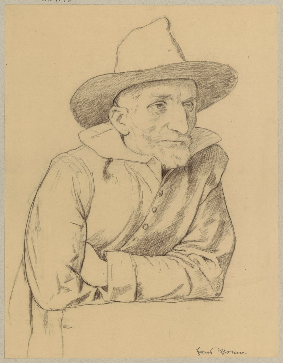 Egy öreg, szakállas, kalapos férfi portréja alkotó: Hans Thoma