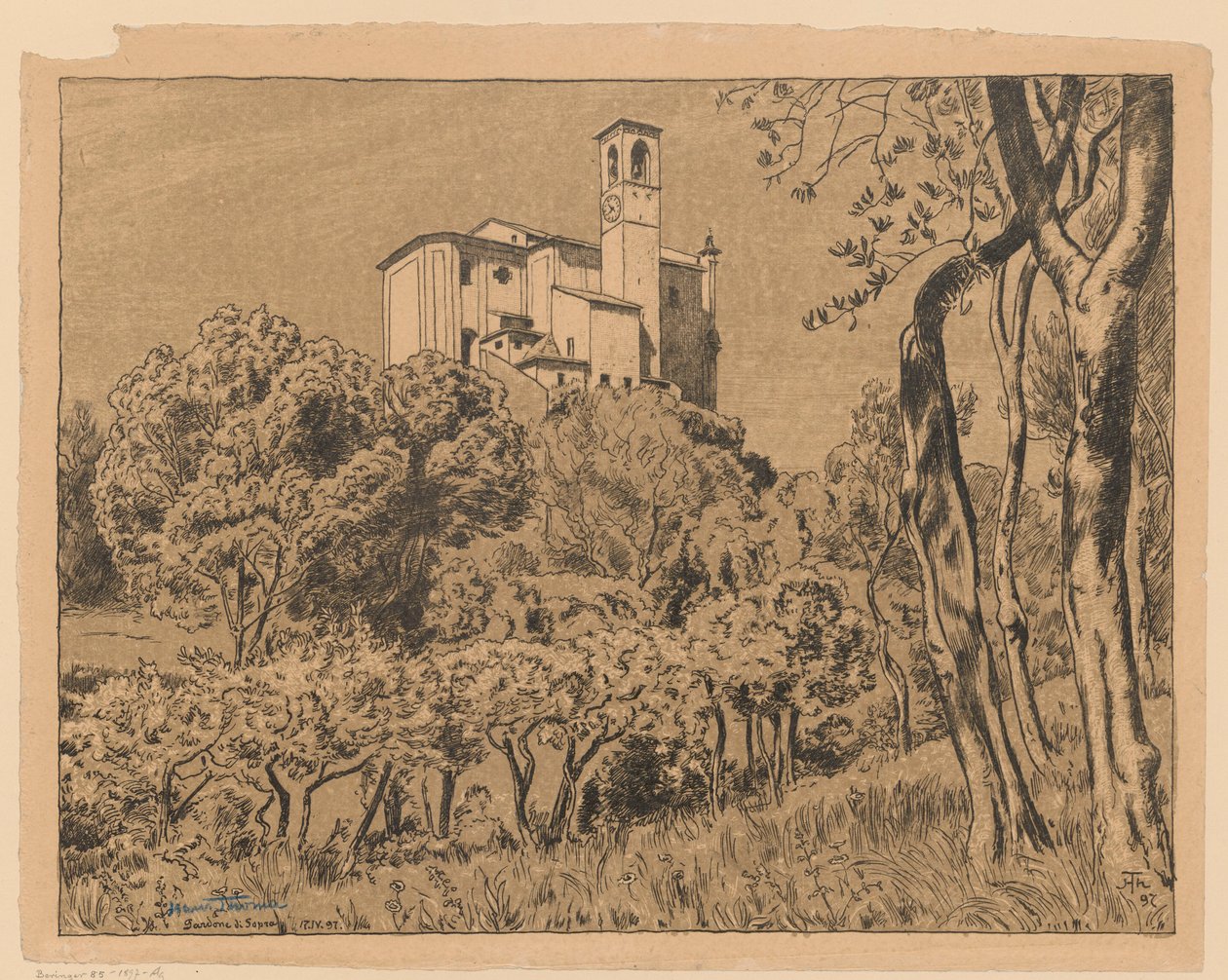 A Csodatévő Szent Miklós-templom látképe a Gardone Riviera dombján, a Garda-tó partján, Lombardia alkotó: Hans Thoma