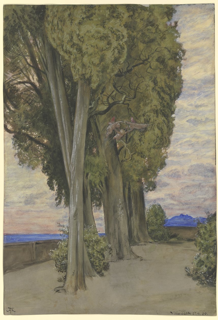 Ciprusfák a Villa d’Este-ben; a lombkoronák alatt három puttó táncol körbe-körbe alkotó: Hans Thoma