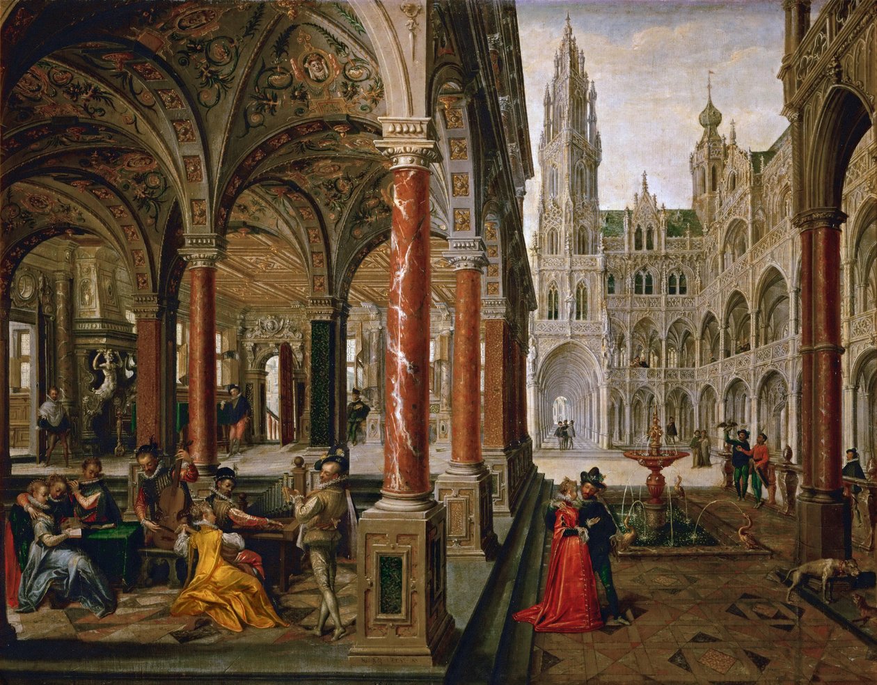 Palota zenészekkel - Hans Vredeman de Vries (Jan de Vriese ou Friedman de Frise) (1526-1606). olajfestmény alkotó: Hans Vredeman de Vries