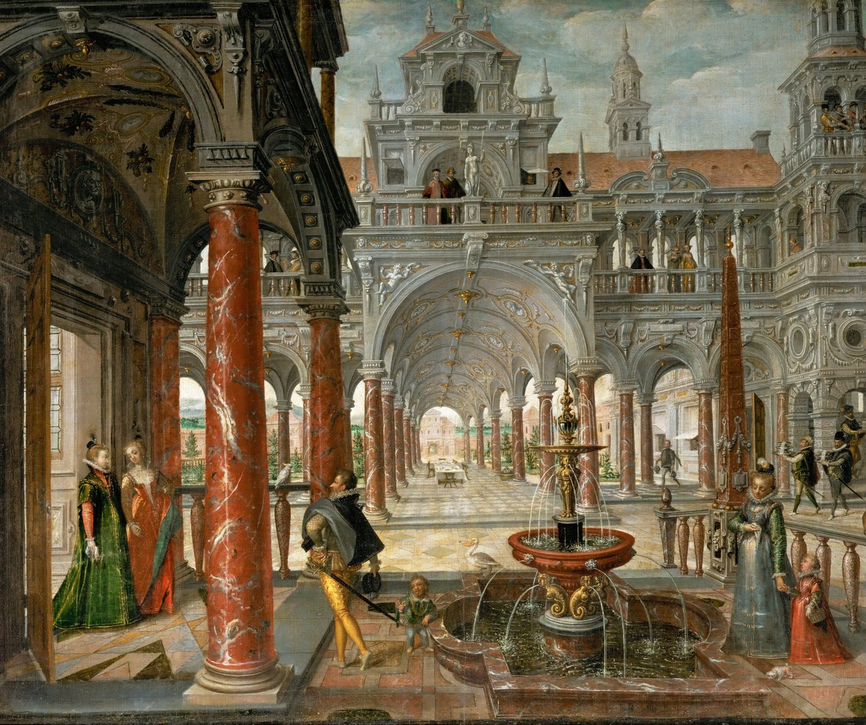 Palota kiemelkedő látogatókkal - Palota kiemelkedő látogatókkal - Hans Vredeman de Vries (Jan de Vriese vagy Friesland Friedman) (1526-1606). Olaj, vászon, c. 1596. Mérete: 137x164 cm. Művészettörténeti Múzeum, Bécs alkotó: Hans Vredeman de Vries