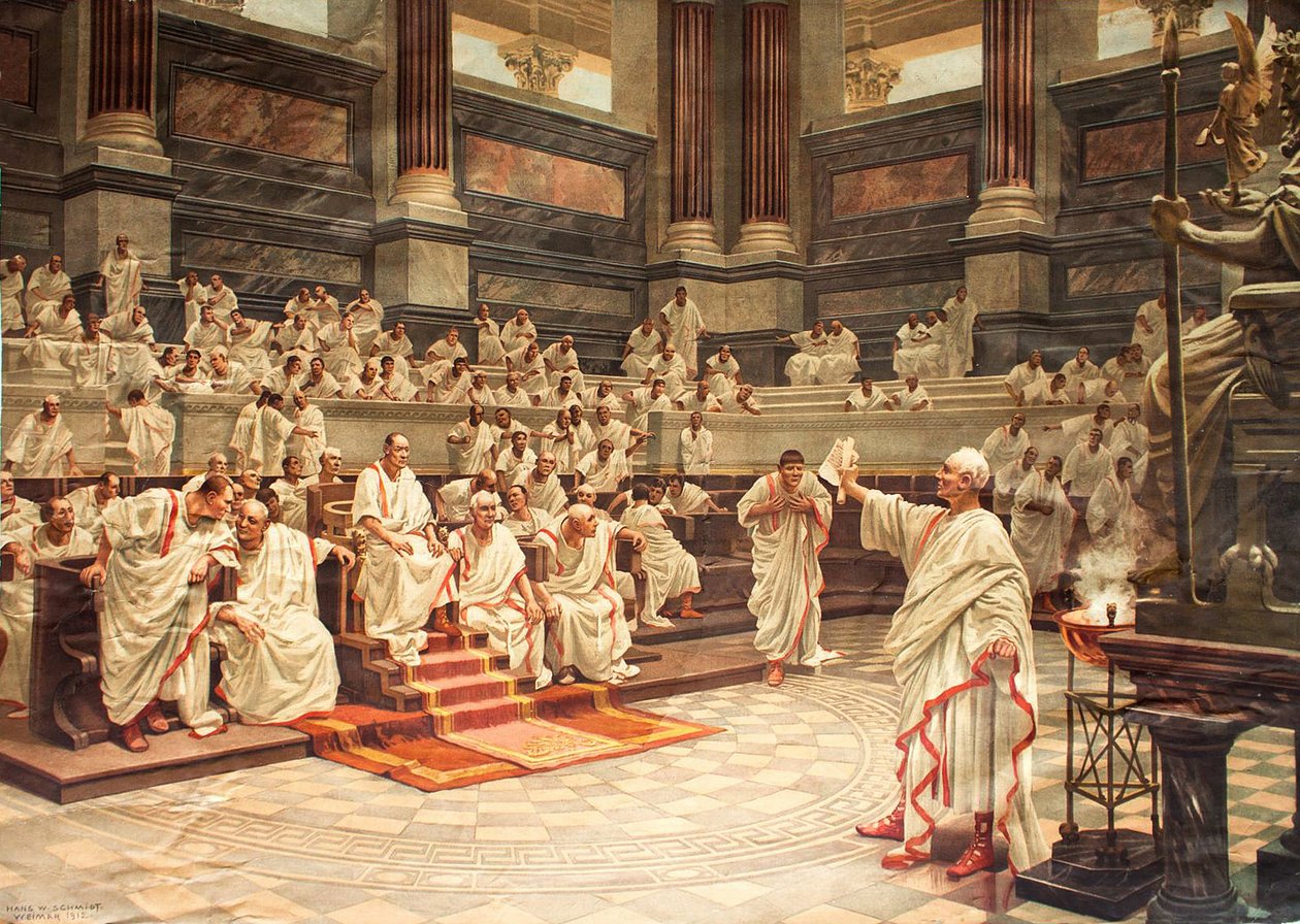 Cicero a szenátusban Catilinát (Kr. e. 108-62) varázsolással vádolta meg, Kr.e. 63. október 21-én – kromolitográfiával alkotó: Hans W. Schmidt