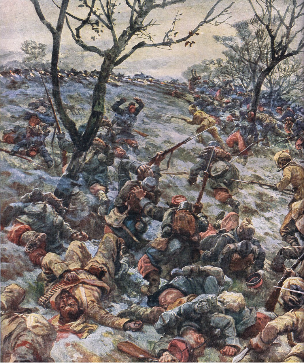 A francia arcvonal összeomlása, a The Illustrated History of the World War 1914-1915 pubból. az Union Berlagsefellfchaft alkotó: Hans W. Schmidt