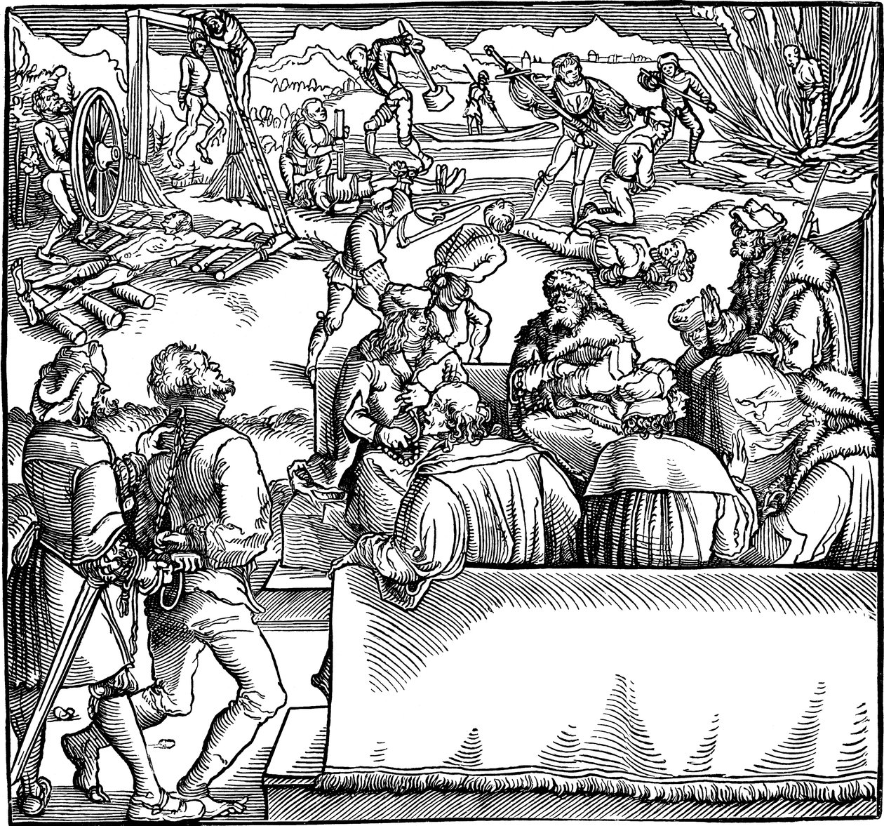Bírósági ülés. Illusztráció Petrarch Phisicke Against Fortune című könyvéből, 1532 alkotó: Hans Weiditz the Younger