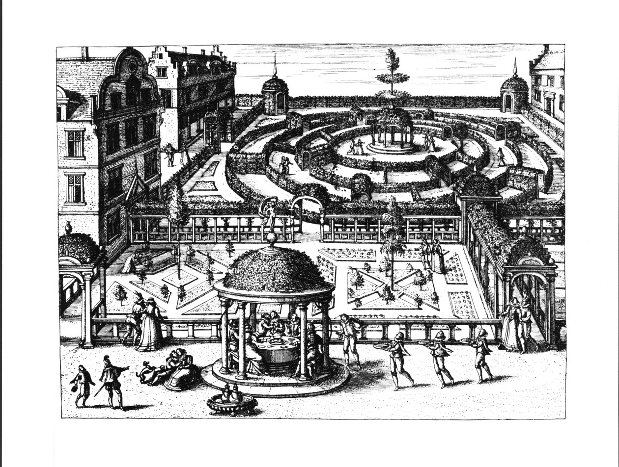 Kert, a "Hortum Viridariorumque Elegantes et Mumultiplicis Formae" című, 1583 körül megjelent kötetből. alkotó: Hans or Jan Vredeman de Vries