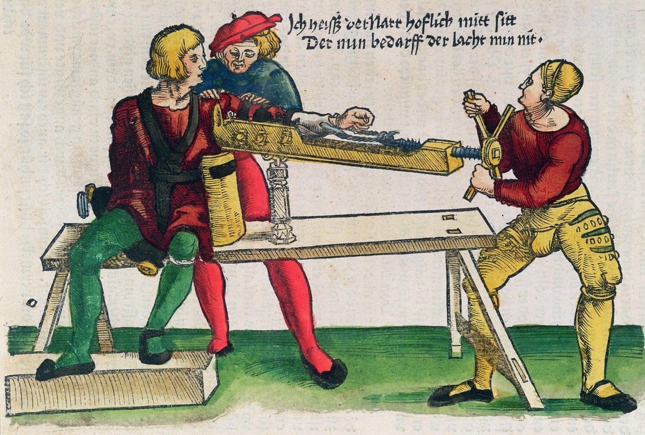 Készülék kartörések gyógyítására, illusztráció Hans von Gersdorff „Feldtbuch der Wundartzney” című művéből, 1540 körül (színes fametszet) alkotó: Hans or Johannes Ulrich Wechtlin