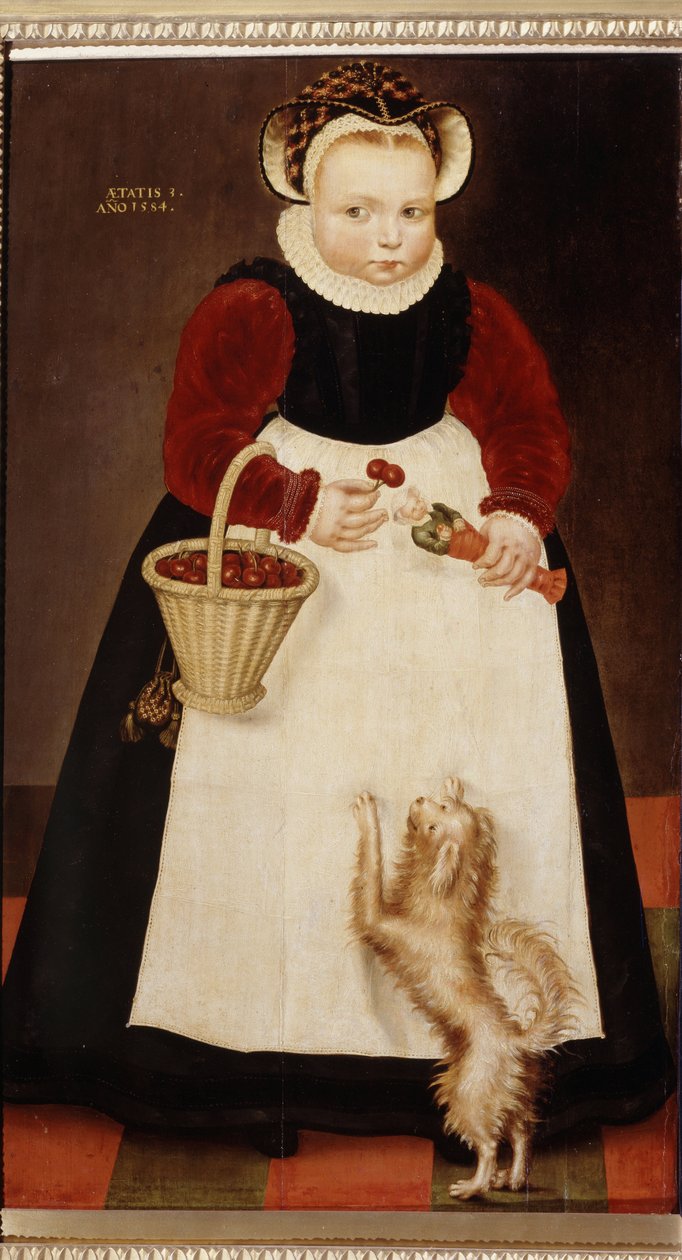 ""Egy cseresznyekosarat és egy kis babát tartó kislány portréja" (Fiatal lány portréja) Epergallért visel Idősebb Hans Bock festménye (1550-1623 körül) 1584 Puskin Múzeum, Moszkva alkotó: Hans the Elder Bock