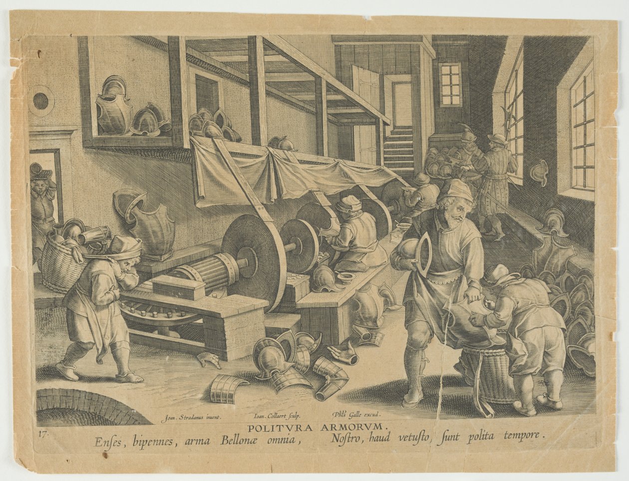 Politura Armorum, Polírozó karok, 17. tábla a Nova Reperta sorozatból, Modern Discoveries, 1588 körül (metszet) alkotó: Hans the younger Collaert