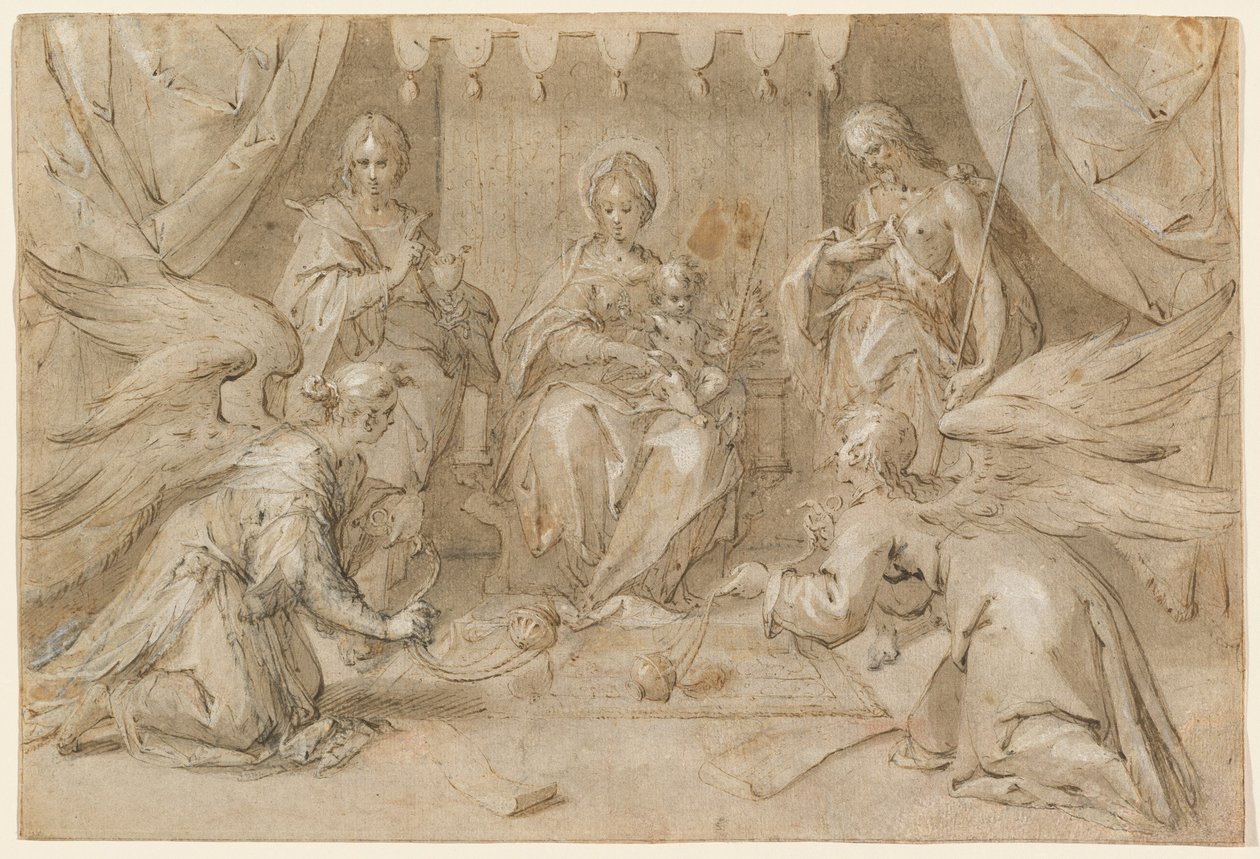 A Madonna Keresztelő Szent Jánossal és Szent János evangélistával trónol alkotó: Hans von Aachen