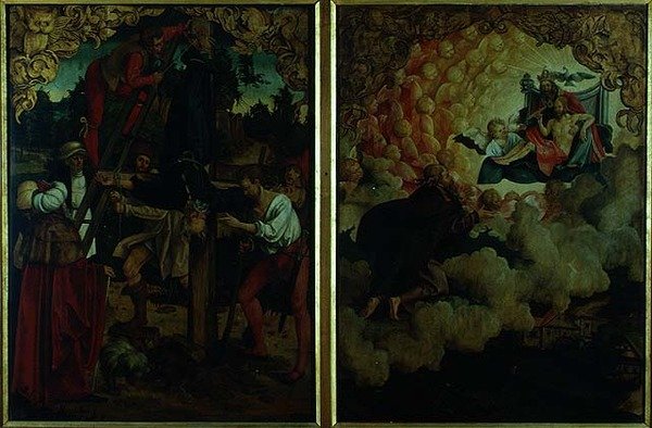 Szent Péter és Pál oltárkép történetei: LtoR Szent Péter keresztre feszítését bemutató részlet, Szent Pál mennybemenetele (olaj, tábla) (részlet) alkotó: Hans von Klumbach