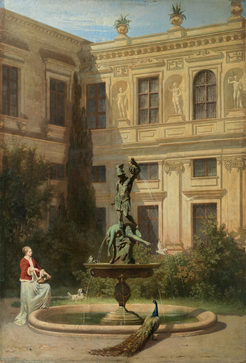 Németül: Der Grottenhof in der Münchner Residenz Udvar a Grottenhofgal a müncheni királyi rezidenciában alkotó: Hans von Marées