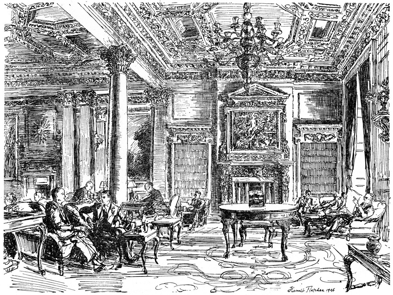 The Members Lounge, RAC klubház, Pall Mall, London, 1946 alkotó: Hanslip Fletcher