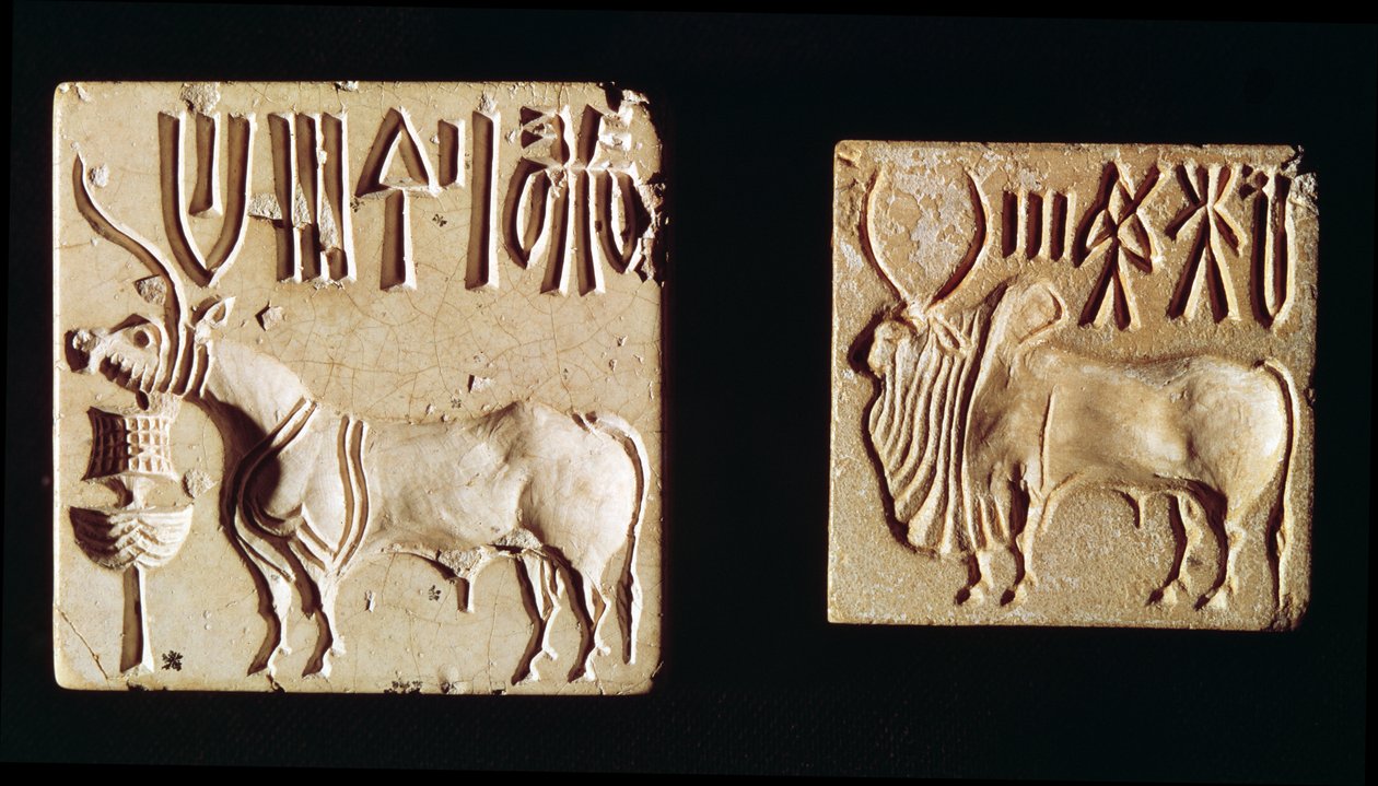 Két, mitológiai állatokat ábrázoló pecsét Mohenjo-Daróból, ie 2300 körül alkotó: Harappan