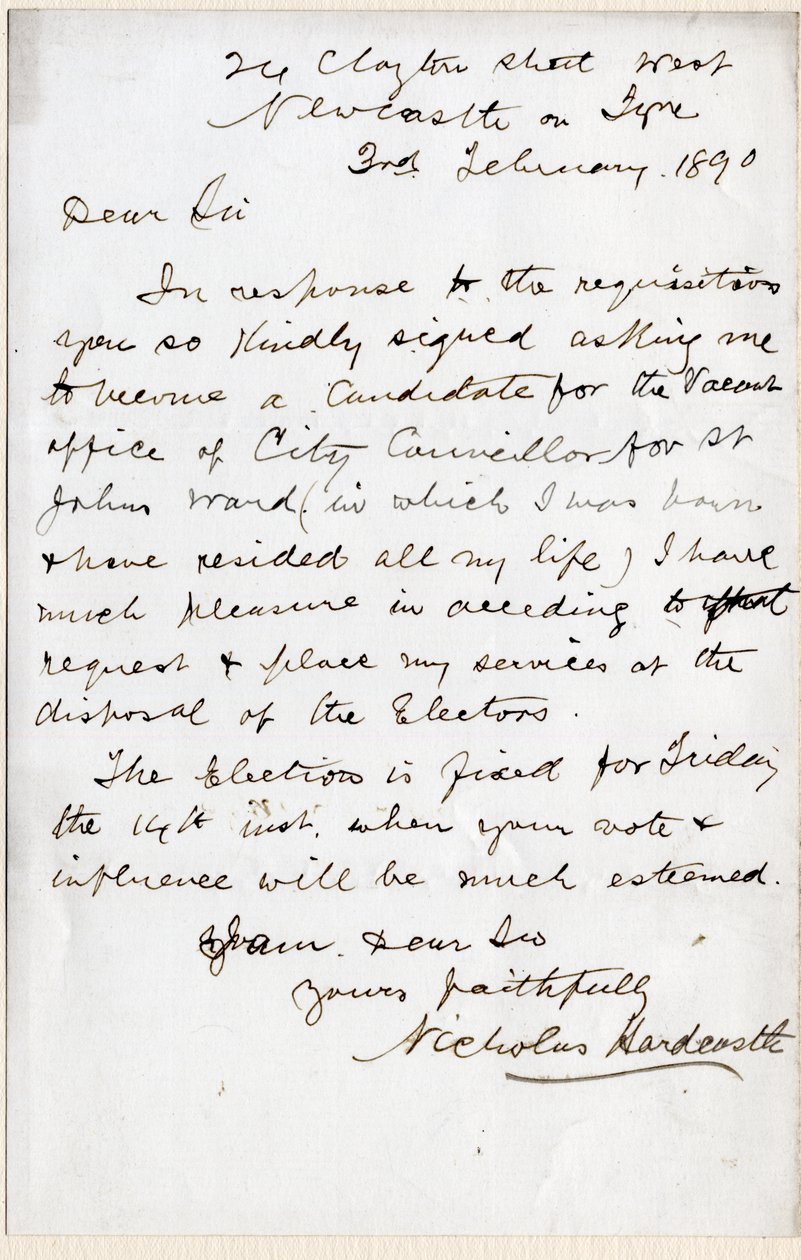 Nicholas Hardcastle 1890. február 3-i levele, amelyben elfogadta a felkérést, hogy a Newcastle upon Tyne állambeli St John