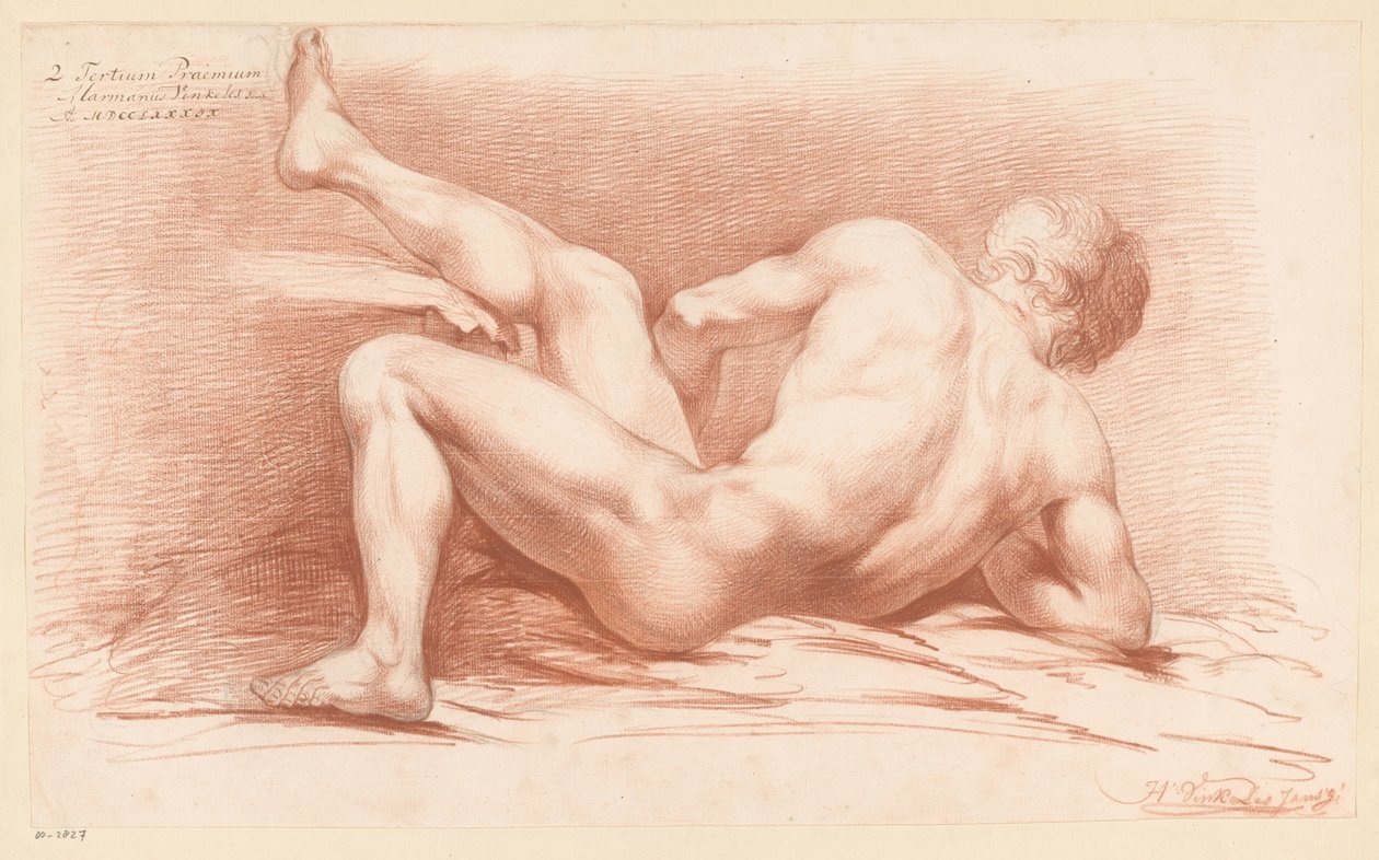 Ülő férfi akt, hátulról nézve (3. díj 1789) alkotó: Harmanus Jansz. Vinkeles