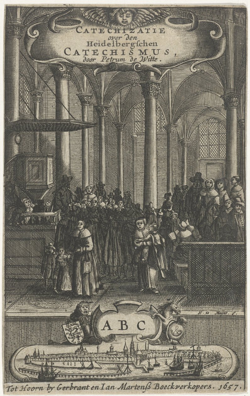 Templombelső Címlap ehhez: P. de Witte, Katekizálás a heidelbergi katekizmusról, 1657 alkotó: Harmen de Mayer