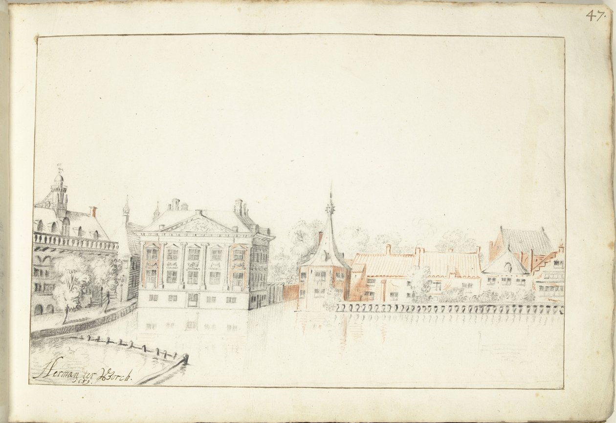 Kilátás az épületekre a Hofvijveren, Hágában alkotó: Harmen ter Borch (signed by artist)