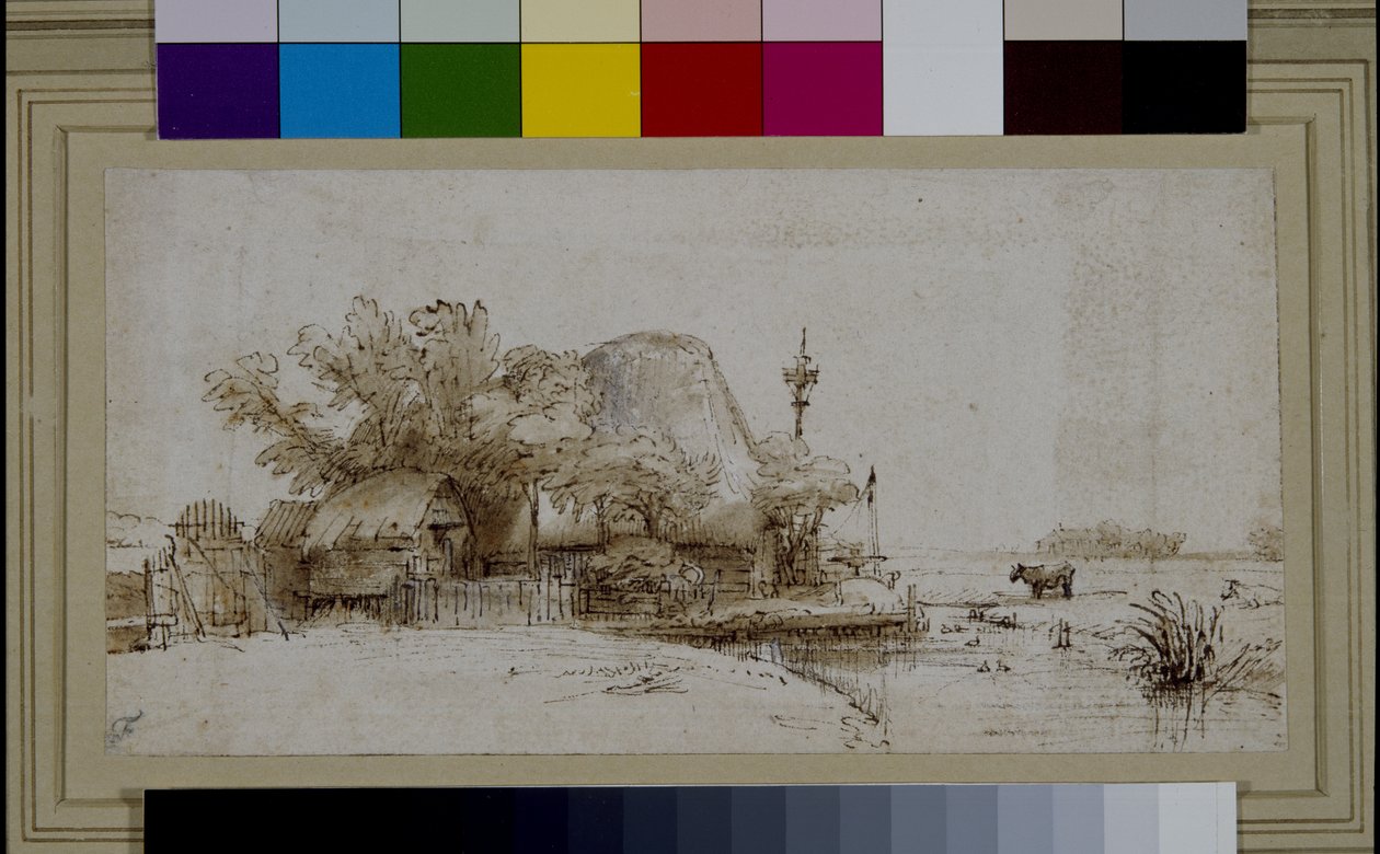 Táj egy parasztházzal a folyó mellett (toll és tinta papíron) alkotó: Harmensz Van Rijn (after) Rembrandt