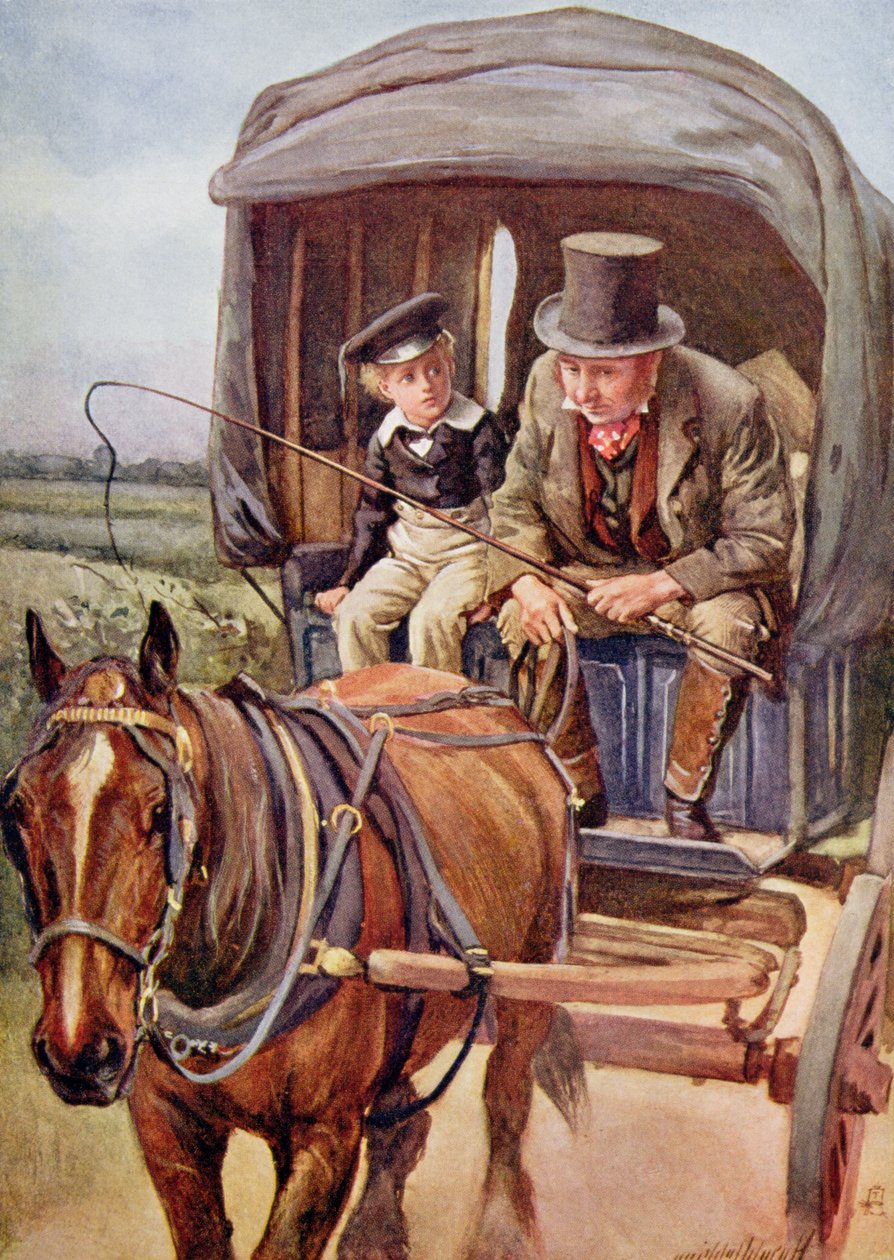 Banks elviszi Davidet Yarmouthba, illusztráció a Dickens karaktervázlataihoz, amelyet B.W. Matz, 1924 alkotó: Harold Copping