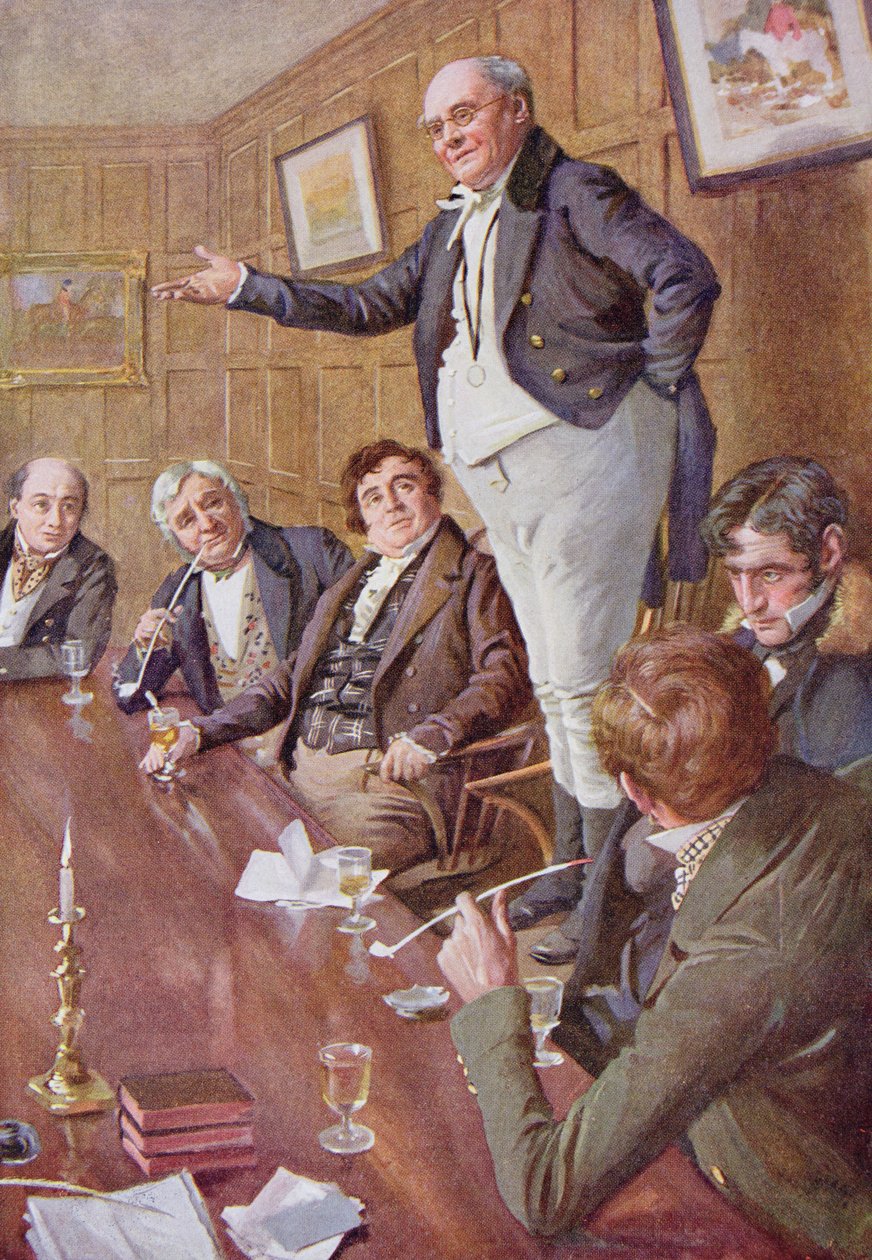 Mr Pickwick megszólítja a klubot, illusztráció a B.W. Matz által összeállított "Character Sketches from Dickens" című kötethez, 1924. alkotó: Harold Copping