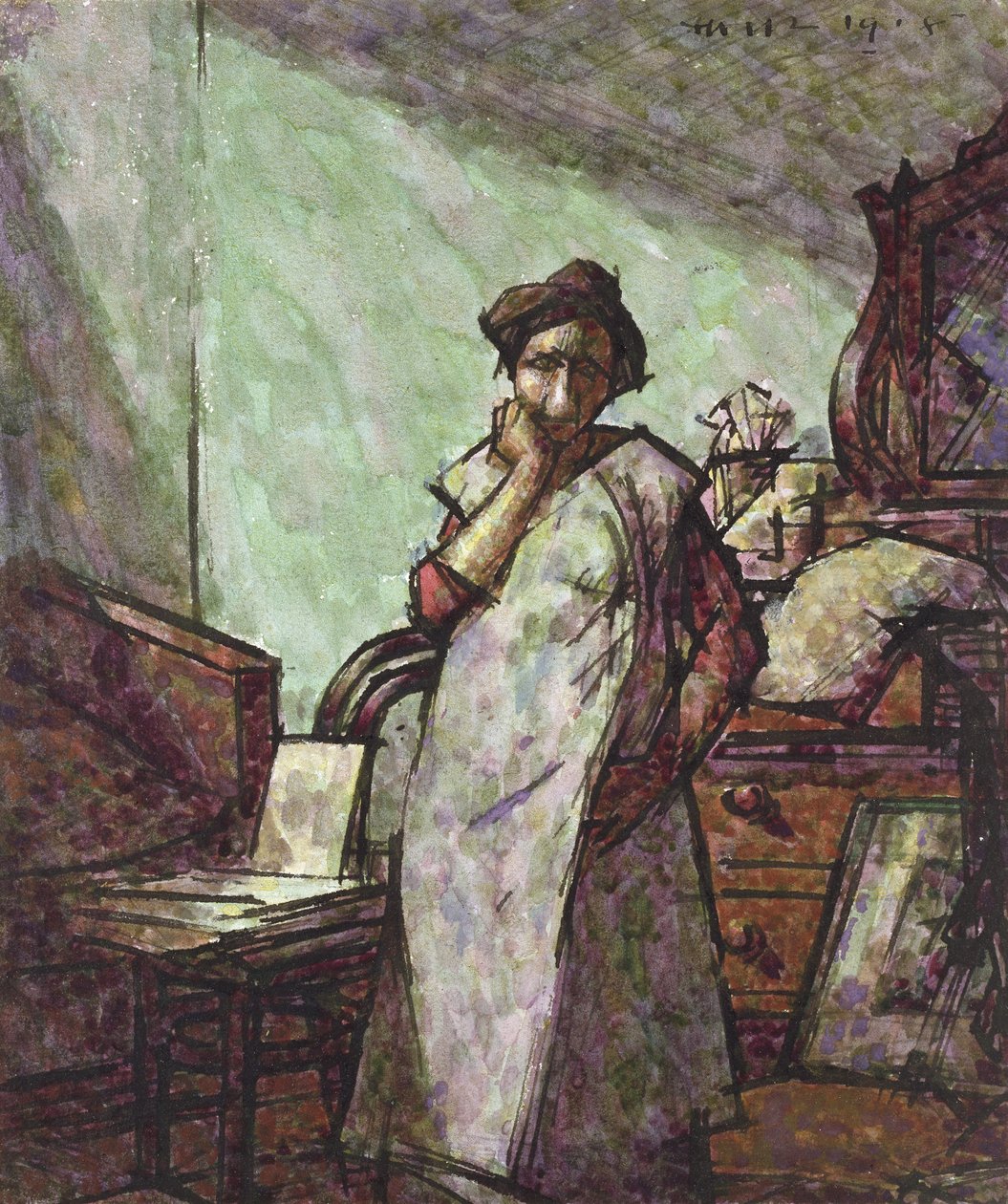 Interior Mrs. Mounterrel egy overálban, 1918. december 1. (toll, fekete tinta és akvarell) alkotó: Harold Gilman