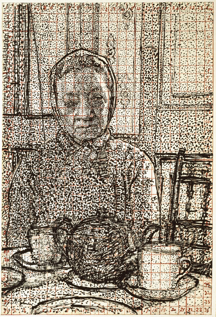 Mrs. Mounter a reggelizőasztalnál, 1916-1917 (toll és fekete tinta, részben karcos, piros tintával négyzet alakú) alkotó: Harold Gilman