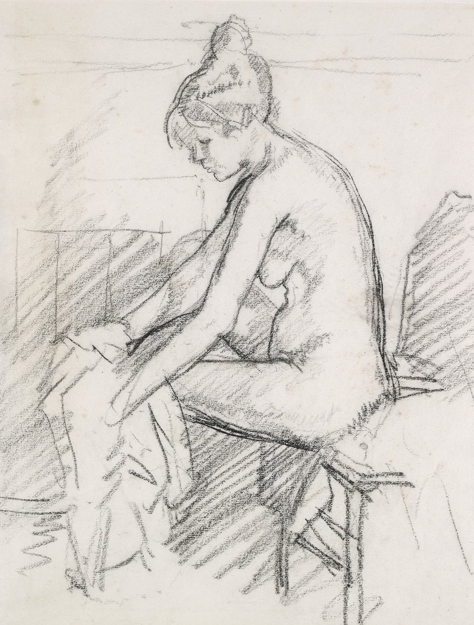 Vizsgálat egy meztelen nőről, aki ül, szárítja a jobb lábát (szén) alkotó: Harold Gilman