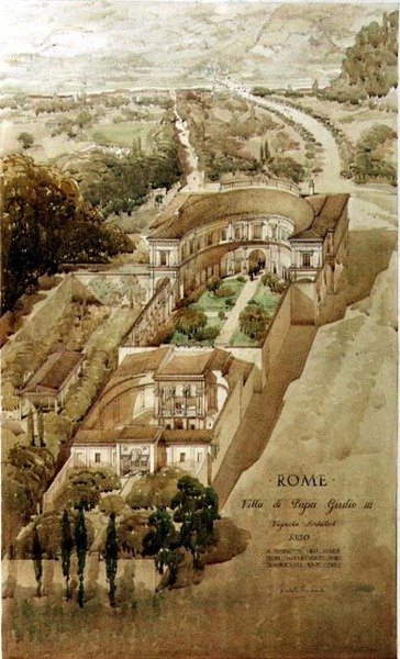 A római Villa di Papa Giulio perspektivikus látképe alkotó: Harold Chalton Bradshaw