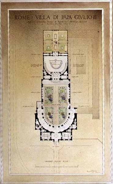A római Villa di Papa Giulio földszinti alaprajza alkotó: Harold Chalton Bradshaw
