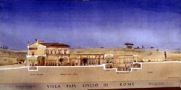 Kilátás a római Villa di Papa Giulio oszlopos udvarára és kertjére alkotó: Harold Chalton Bradshaw