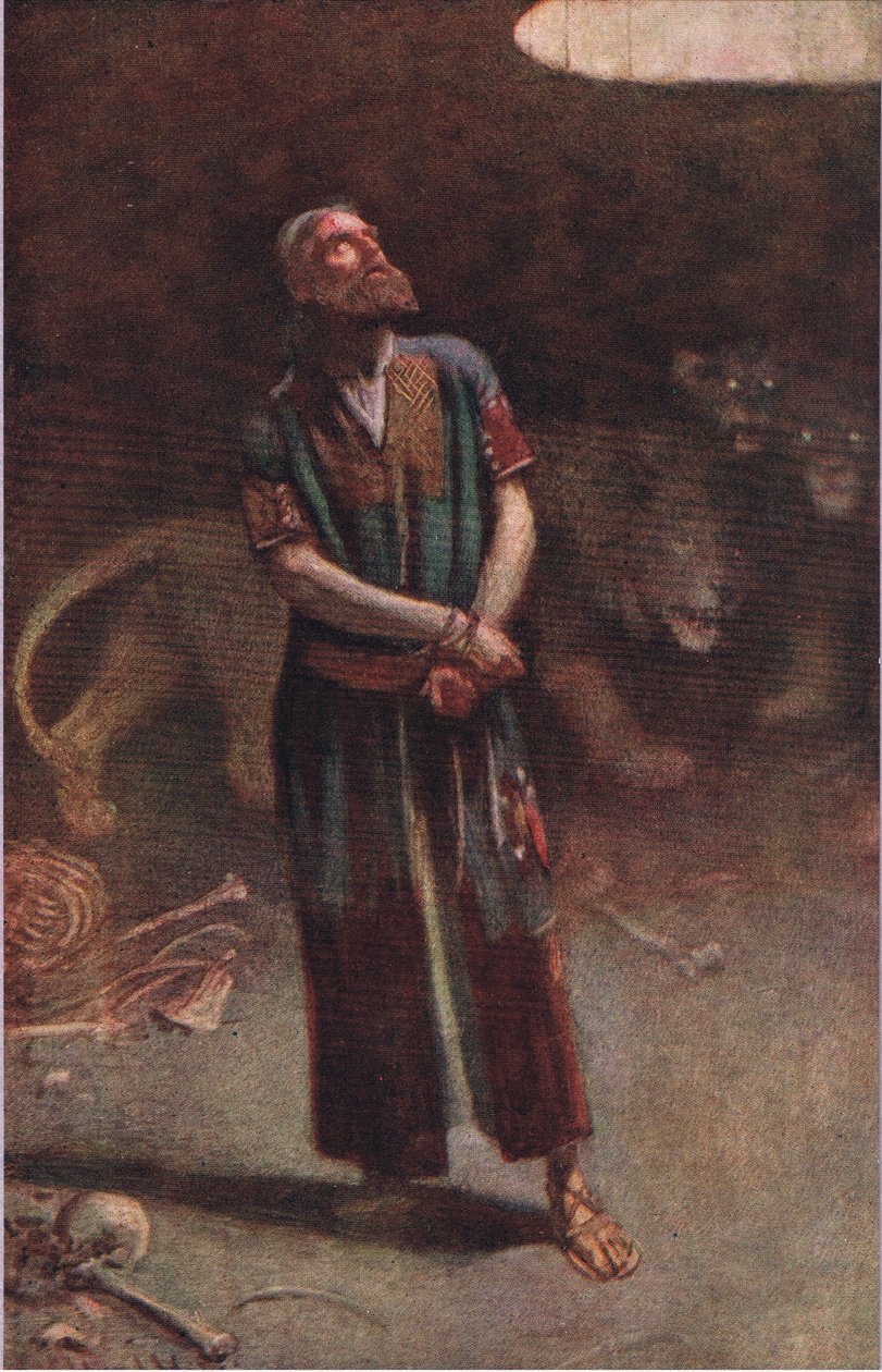 Daniel az oroszlán barlangjában, illusztráció a Pictures That Teach The Crown sorozatból, 1920 alkotó: Harold Copping