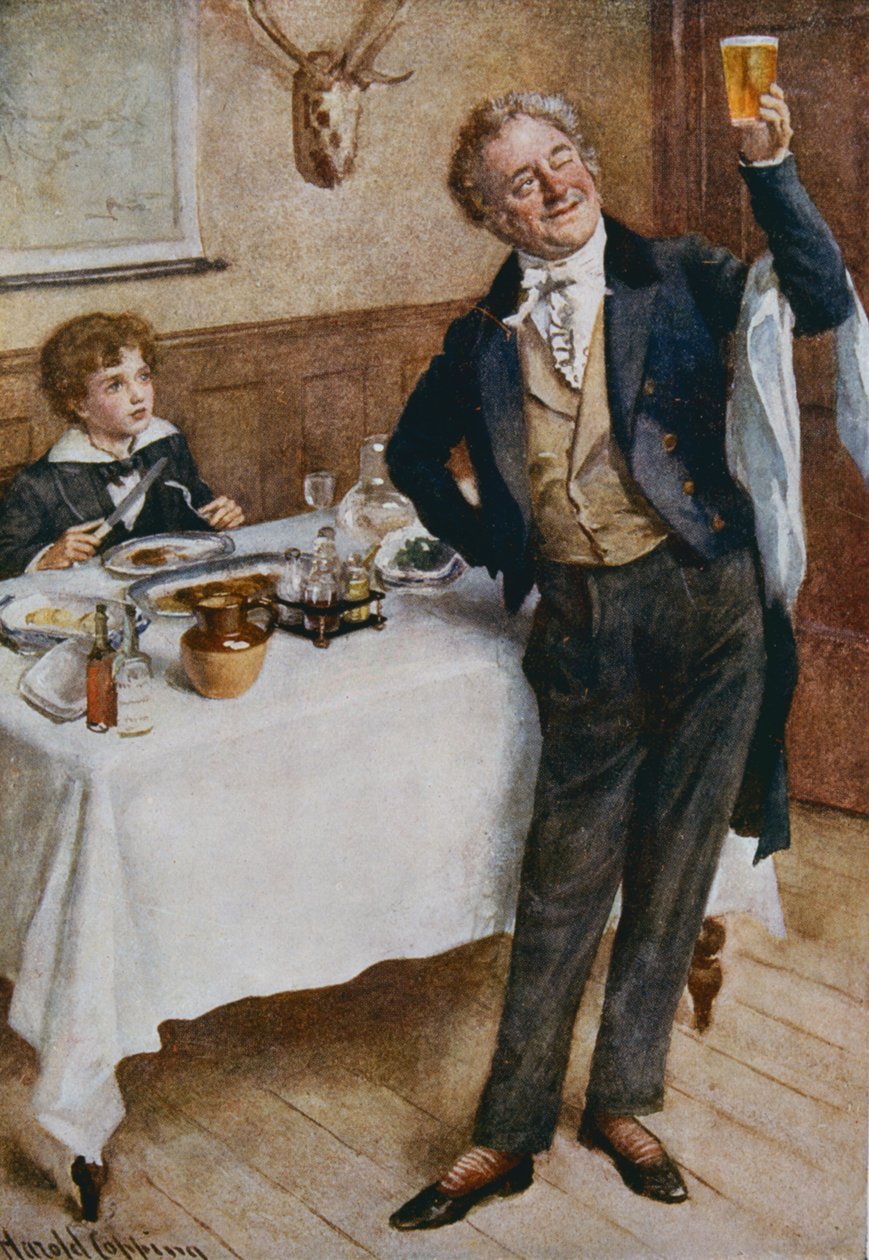 David Copperfield és a barátságos pincér, illusztráció a B.W. Matz által összeállított "Character Sketches from Dickens" című kötethez, 1924. alkotó: Harold Copping