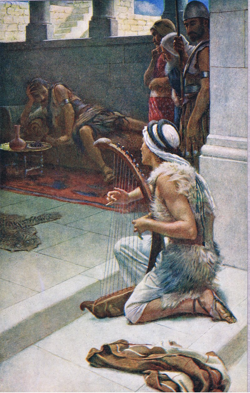 David a Saul előtt játszó, illusztráció a Pictures That Teach The Crown sorozatból, 1920 alkotó: Harold Copping