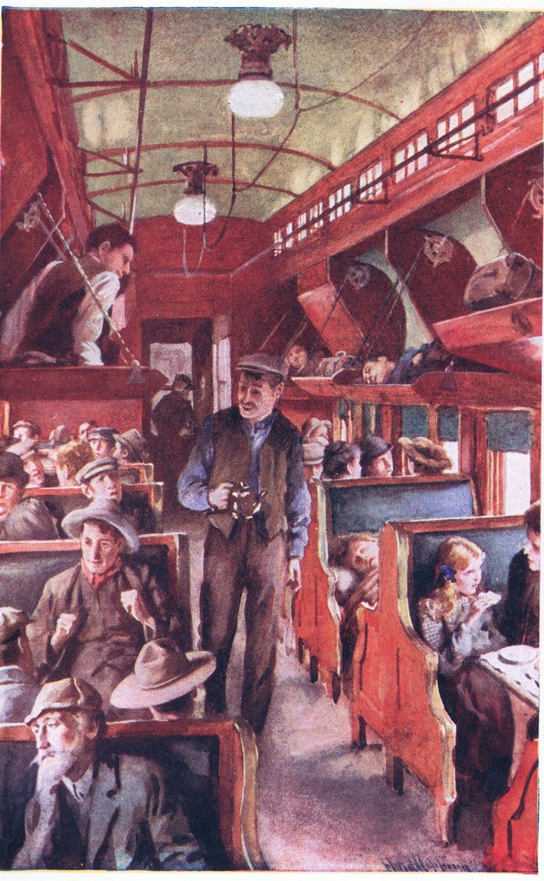 Egy kanadai emigráns vonat belseje 1900 körül (színes litográfia) alkotó: Harold Copping