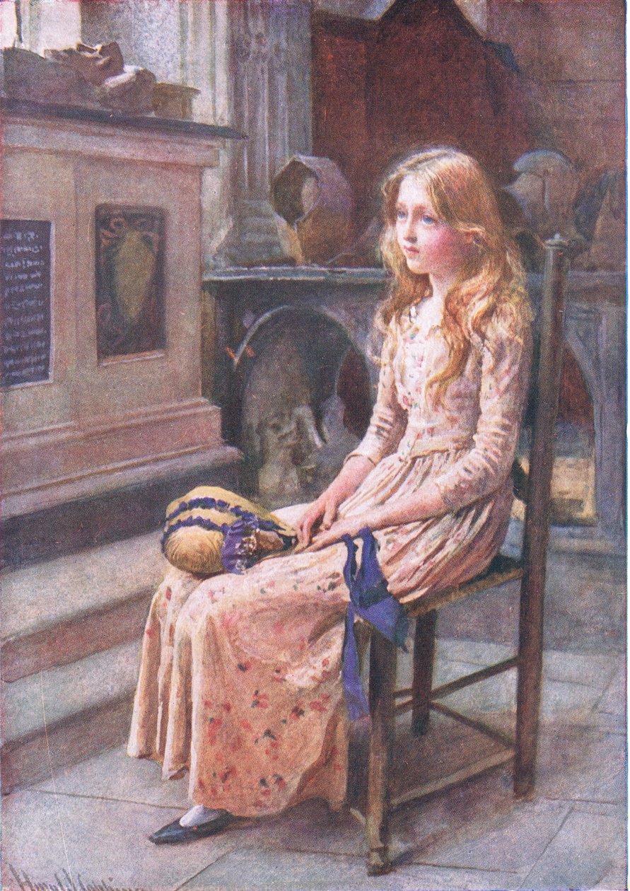 Little Nell in the Old Church, illusztrációk a „Dickens karaktervázlataihoz”, összeállította B.W. Matz alkotó: Harold Copping