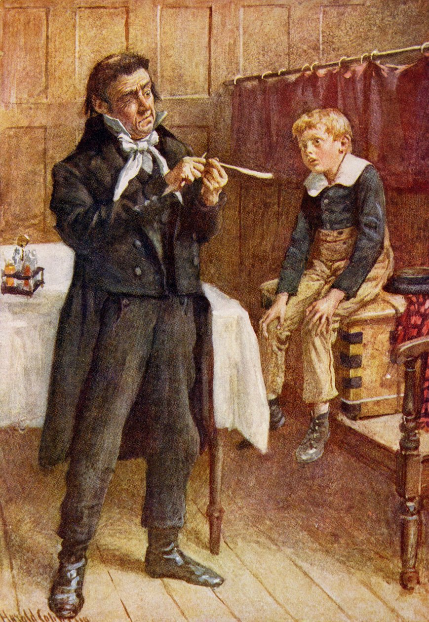 Mr Wackford Squeers és az új tanítvány, illusztráció a Dickens karaktervázlataihoz, amelyet B.W. Matz, 1924 alkotó: Harold Copping
