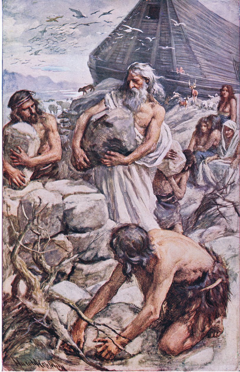 Noé építi az oltárát, illusztráció a Pictures That Teach The Crown sorozatból, 1920 alkotó: Harold Copping