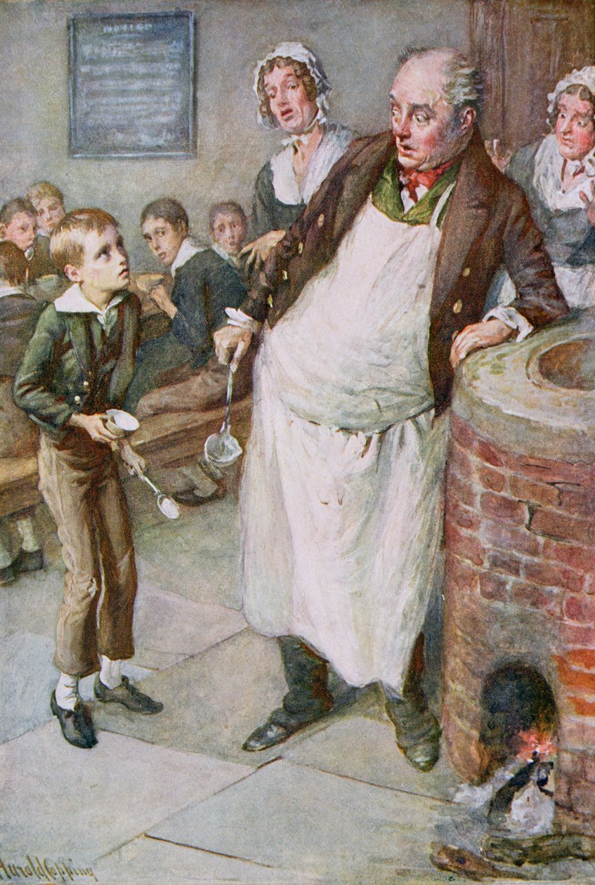 Oliver Asks for More, illusztráció a Dickens karaktervázlataihoz, amelyet B.W. Matz alkotó: Harold Copping