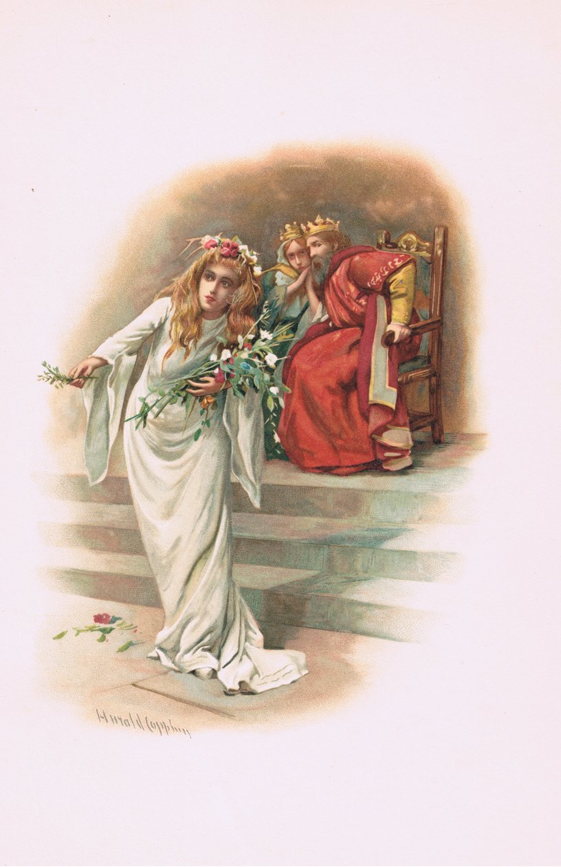 Ophelia a királlyal és a királynővel, illusztráció a Hamletből alkotó: Harold Copping
