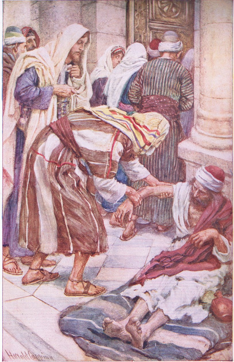 Péter és Jákob a gyönyörű kapuban, illusztráció a Képek, amelyek tanítják a koronát sorozatból, 1920 alkotó: Harold Copping